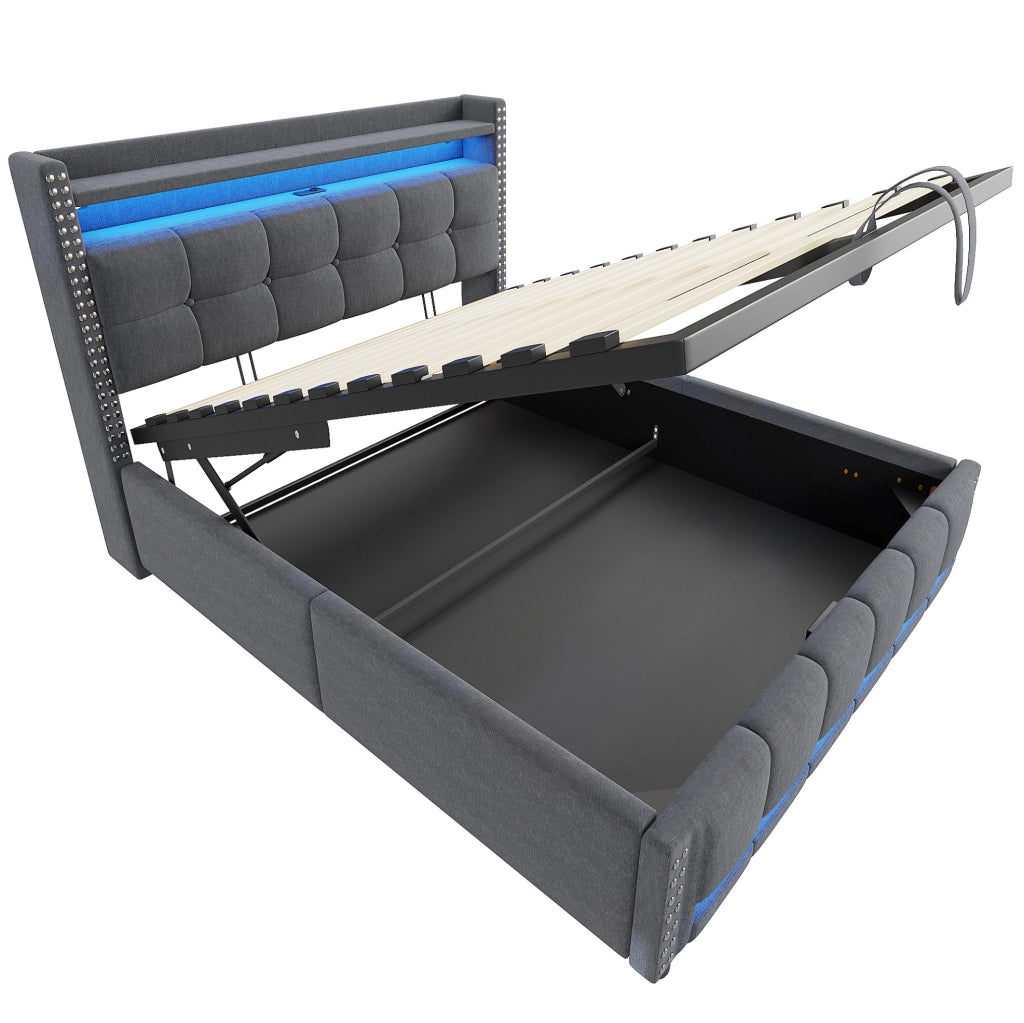 Letto imbottito 160x200 cm con contenitore; LED e USB in tessuto di lino grigio