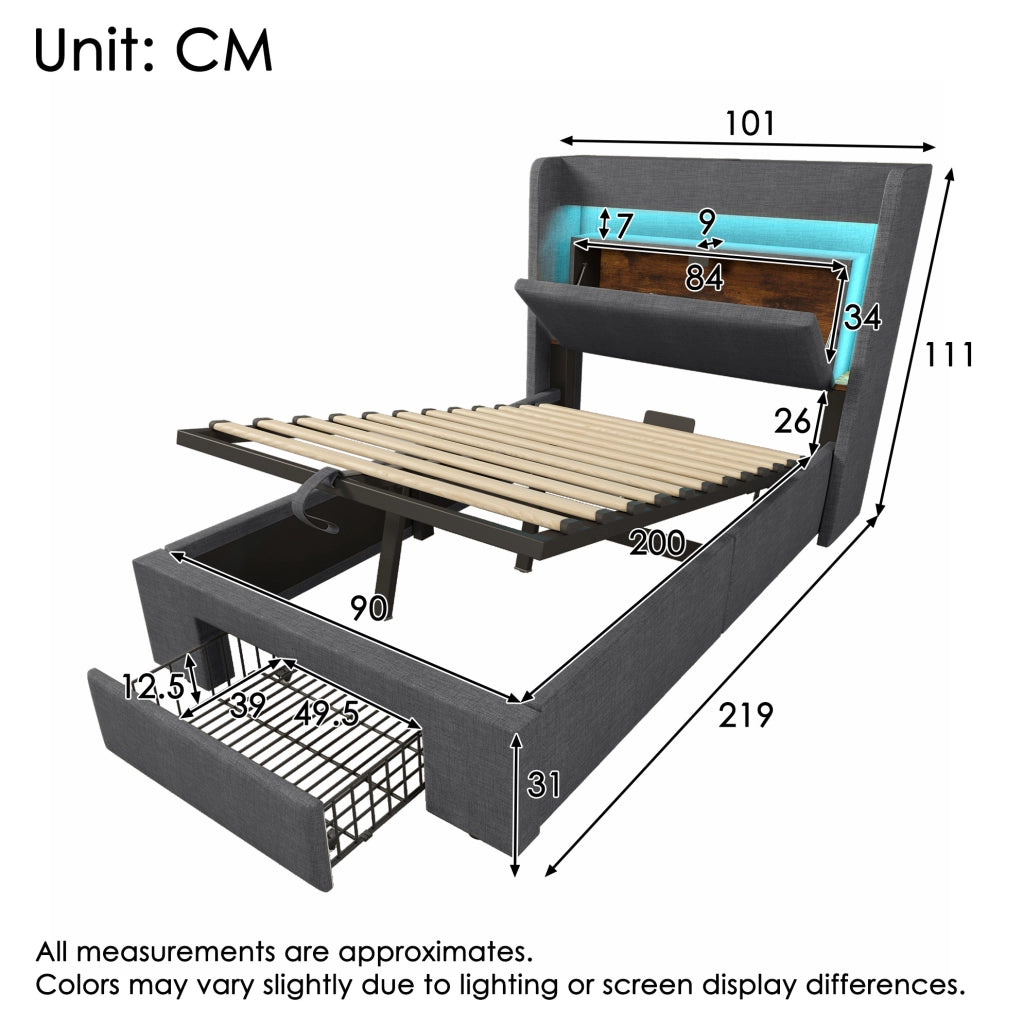 Letto imbottito 90x200 cm con contenitore; LED; prese USB e USB-C; materasso incluso; grigio