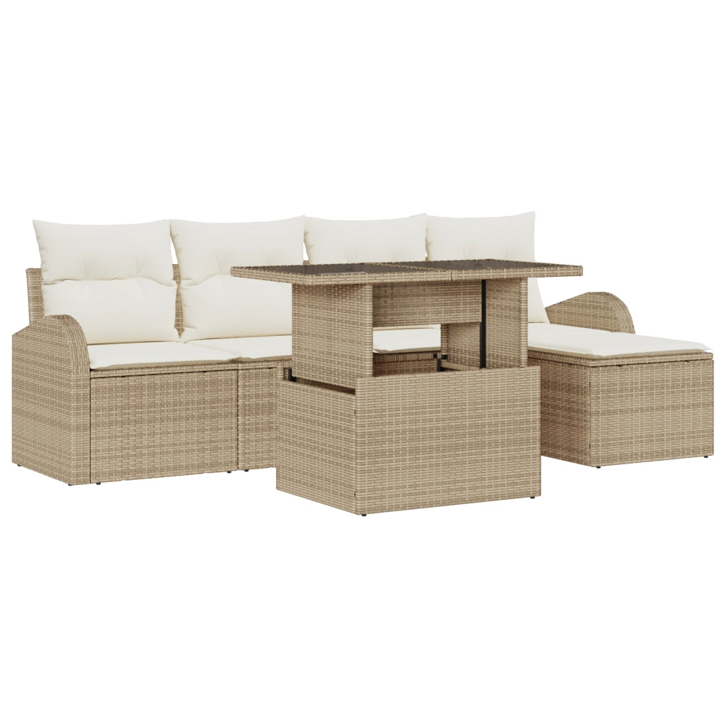 Set Divano da Giardino 6 Pezzi con Cuscini Beige Rattan Poliestere