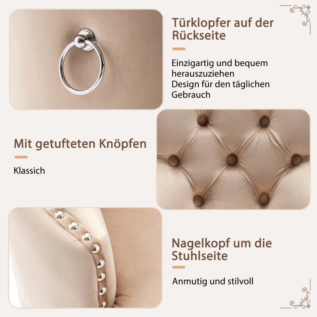Sedia da Pranzo Imbottita in Velluto ¨C MINIMAL ¨C Beige, Gambe in Legno Massello, Set 2 Pezzi