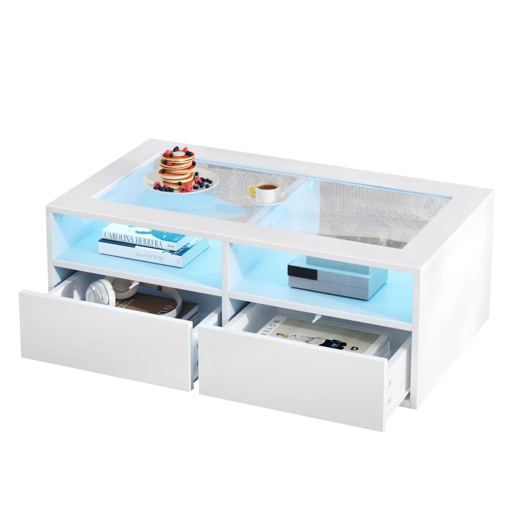 TAVOLINO DA CAFFÈ 100x50x35 cm Bianco in Vetro e Truciolato con LED e 2 Cassetti