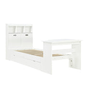 Letto con Cassetti 90x200 cm; Letto Singolo - Tavolo Pieghevole e Mensole - Bianco