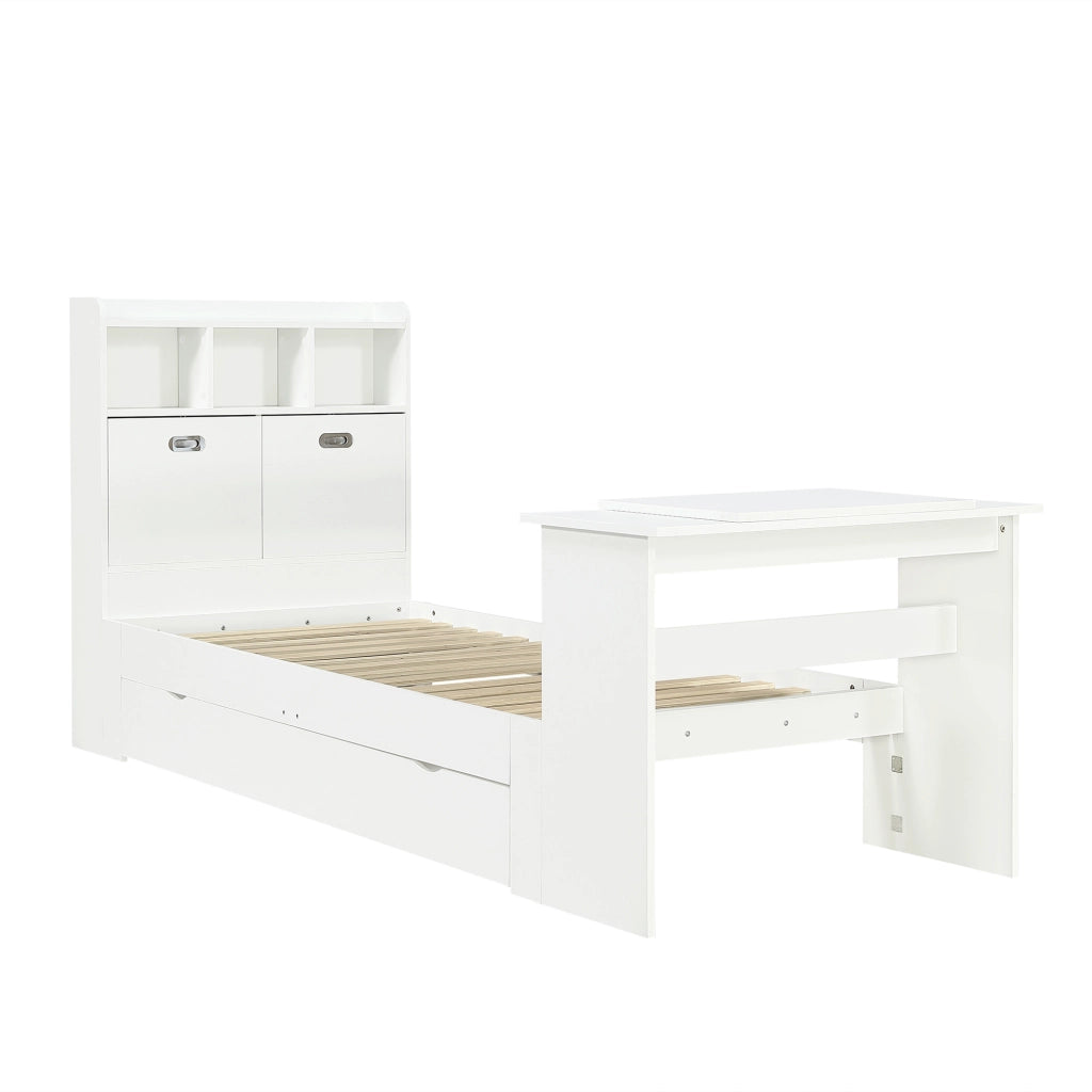 Letto con Cassetti 90x200 cm; Letto Singolo - Tavolo Pieghevole e Mensole - Bianco