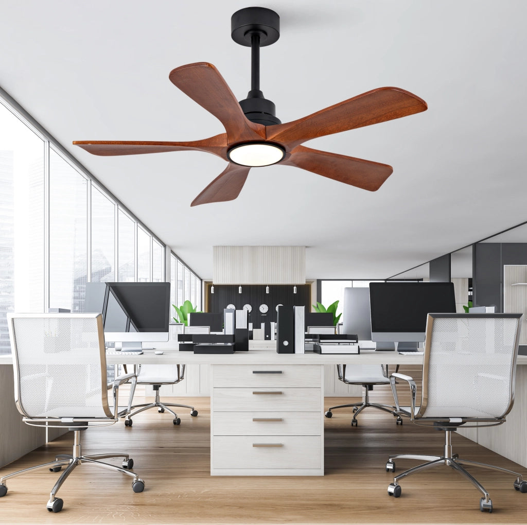 Ventilatore da soffitto 42 pollici con luce LED; 5 pale in legno; telecomando; noce e nero