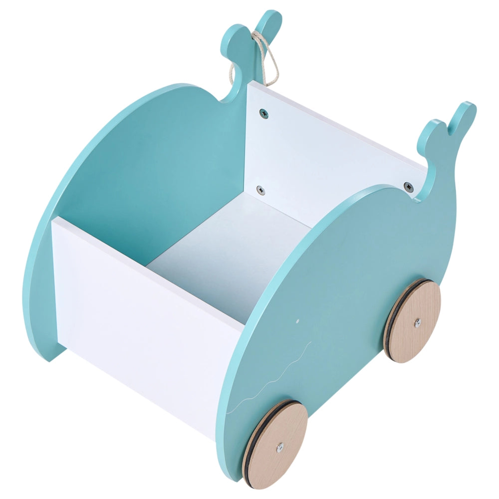 Contenitore giocattoli con ruote blu in MDF a forma di balena con maniglia per il trasporto Organizzazione contenitore giocattoli