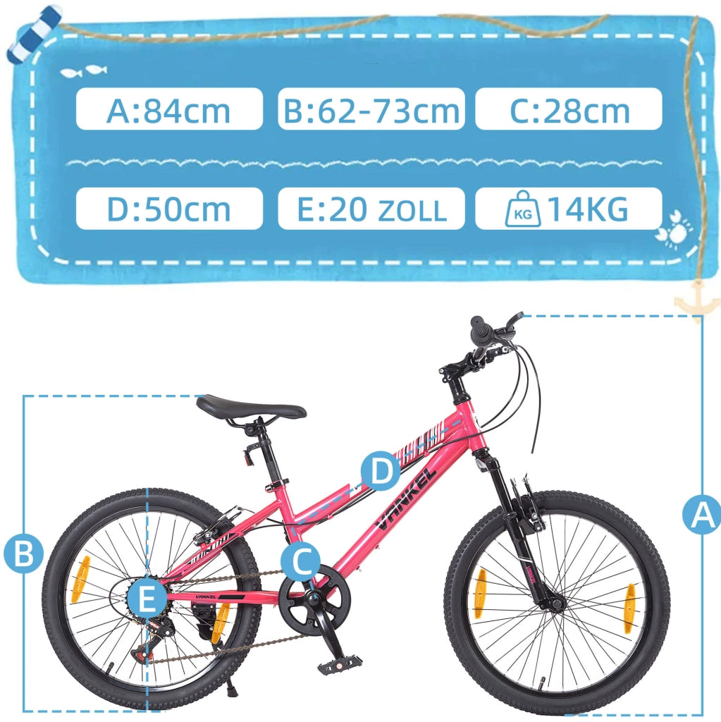 MTB per bambini 20 pollici in acciaio rosa, 6 velocità, freni V, per la scuola