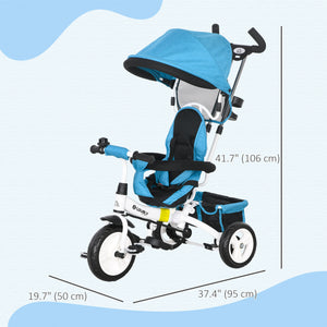 Triciclo Passeggino per Bambini con Maniglione 95x50x106 cm con Cintura di Sicurezza Blu