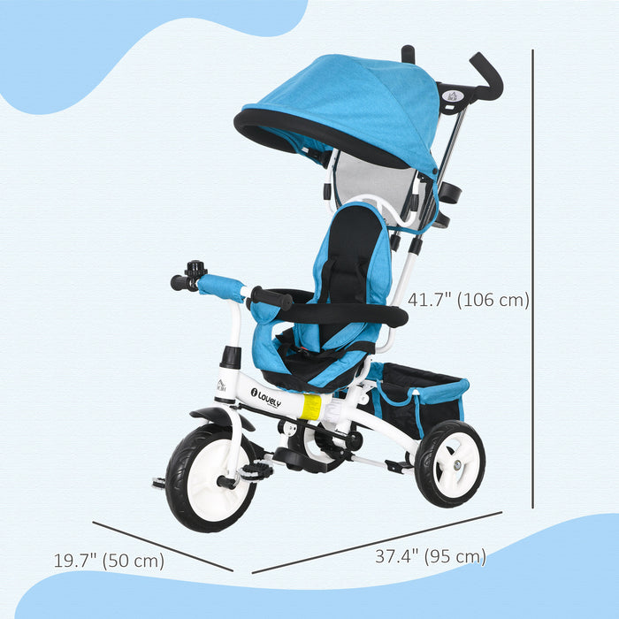 Triciclo Passeggino per Bambini con Maniglione 95x50x106 cm con Cintura di Sicurezza Blu