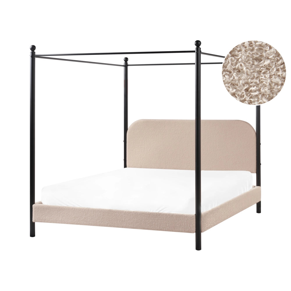 Letto a baldacchino in metallo nero con rivestimento in bouclé beige 160 x 200 cm EU Dimensioni doppie Retro Minimalista