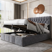 OKWISH Letto Contenitore 160×200 cm, Letto Matrimoniale con Contenitore, Testiera Imbottita e Borchie, senza Materasso, in Velluto, Grigio