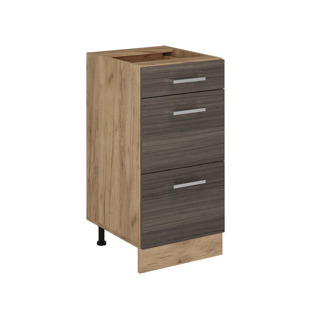 Mobiletto base per cucina R-Line Grigio nobile/Rovere dorato 40 cm con cassetti, senza piano di lavoro Vicco