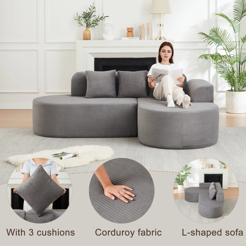 Divano ad angolo modulare in velluto a coste con schienale curvo e braccioli curvi grigio 220 × 155 × 70 cm