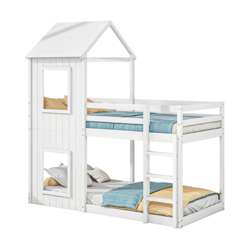 Letto a soppalco per bambini - Zephmum - 90x200 cm - Bianco - Solido, con scala e baldacchino