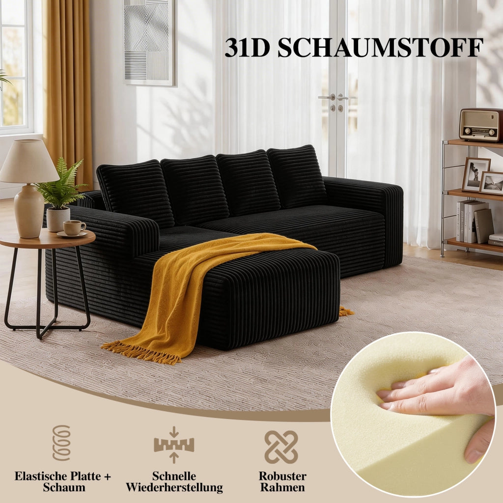 Divano angolare modulare reversibile con chaise e seduta profonda in velluto a coste nero 261 × 168 × 58 cm