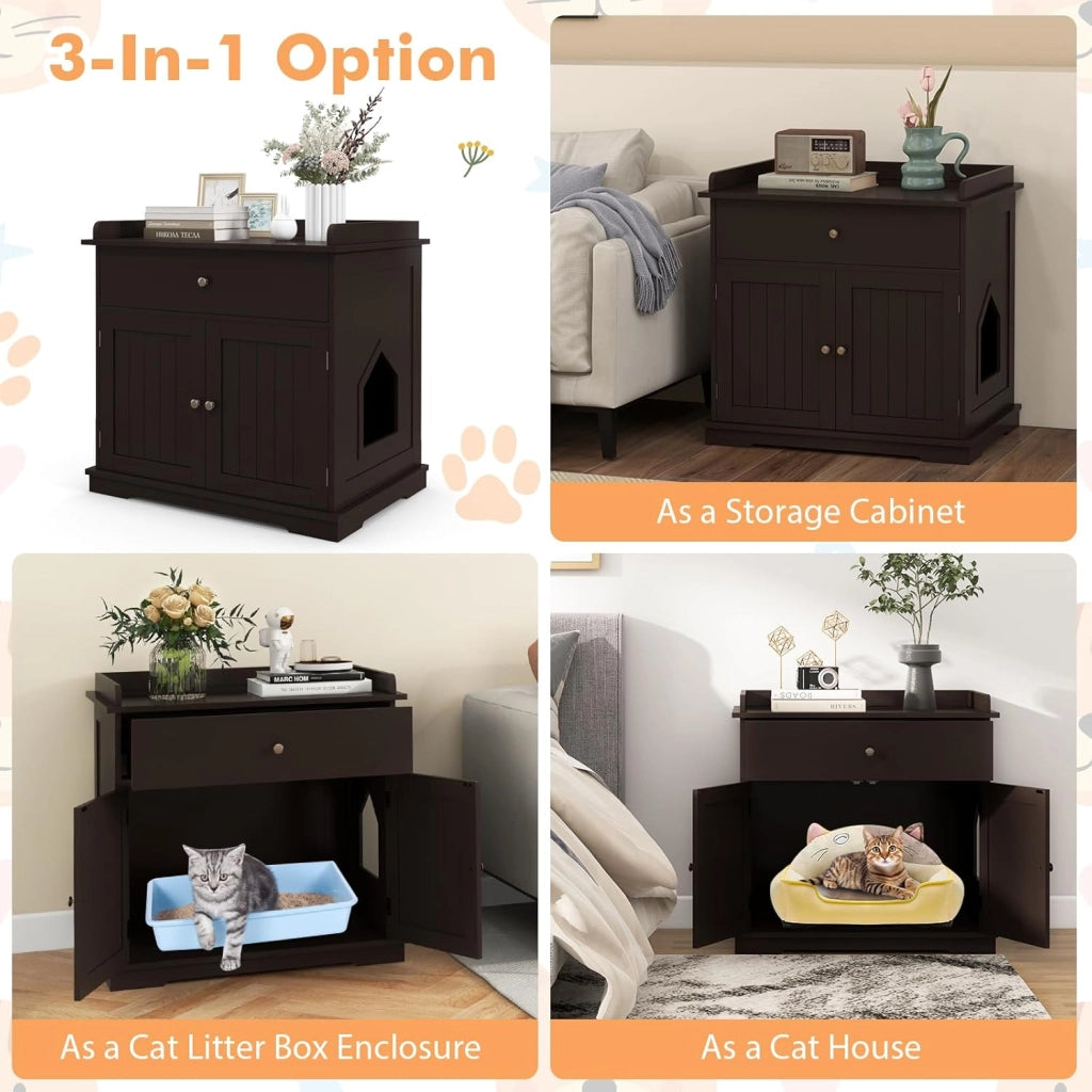 Mobile Lettiera per Gatti con 2 Ante e Cassetto, Armadio per Gatto in Legno con Ingresso Laterale, Grotta Rifugio Multiuso per Soggiorno, Camera da Letto e Ingresso, 76 x 53 x 74 cm