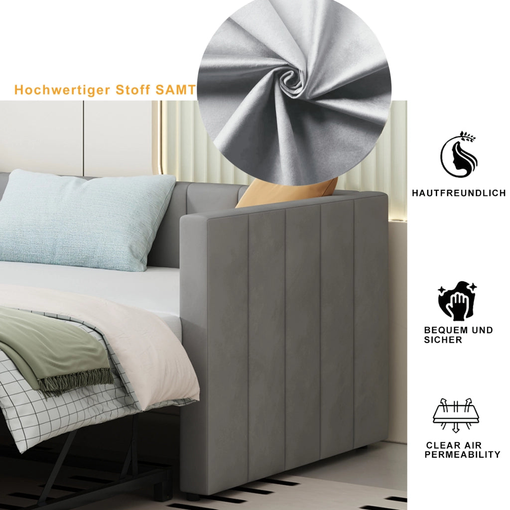 Letto estraibile imbottito 90 × 200 cm con secondo letto 180 × 200 cm, senza materasso, grigio