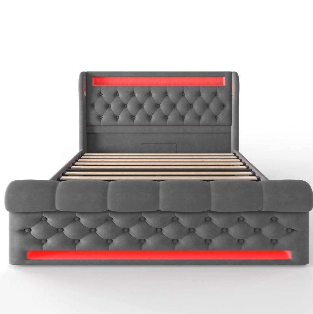 Letto matrimoniale imbottito 140x200 cm in velluto grigio con LED e porta USB Type-C