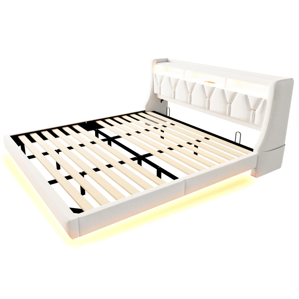 Letto matrimoniale imbottito 180x200 cm in velluto beige con testiera multifunzione e LED