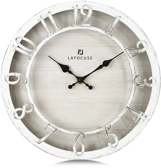 Orologio da Parete Vintage Silenzioso Bianco, Retro Grande Numeri 3D Elevati, Stile Rurale Silenzioso Chic da Antiquariato Non Toccante per Soggiorno Camera da Letto Cucina 30cm