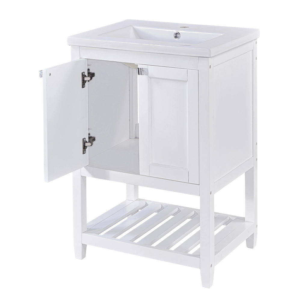 Mobile sottolavabo con lavabo in ceramica da bagno con base a pavimento in legno massello e MDF bianco 60 cm