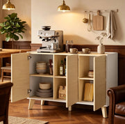 Mobile buffet nordico con 3 ante e 6 scomparti, 120 cm, finitura naturale e bianca