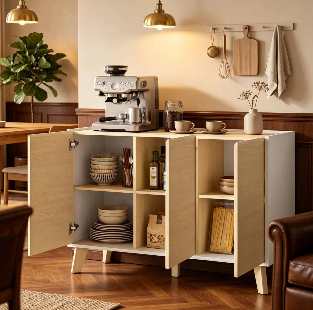 Mobile buffet nordico con 3 ante e 6 scomparti, 120 cm, finitura naturale e bianca