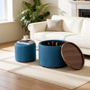 Repose-pied rotondo impilabile in lino con contenitore e vassoio in legno set da 2 salvaspazio blu
