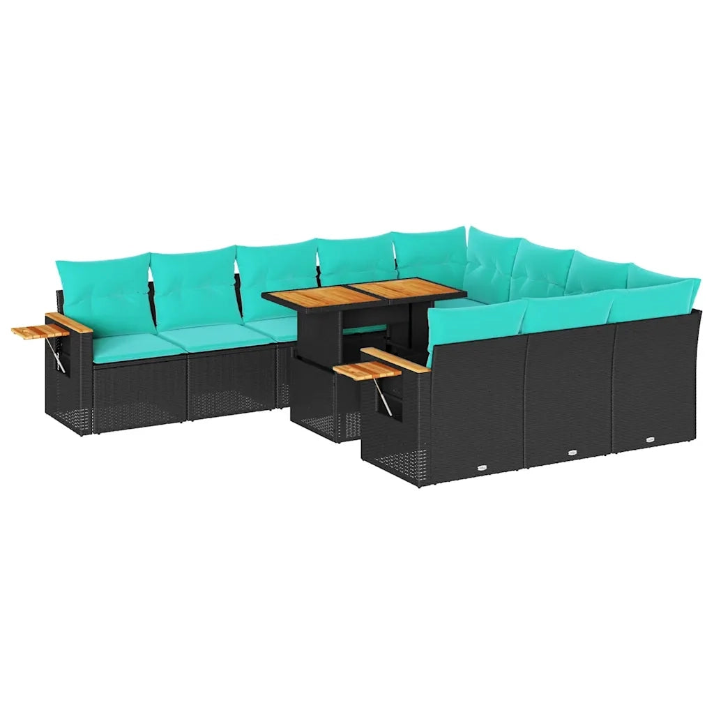 Set Divani da Giardino 11 pz con Cuscini Polyrattan Acacia Nero