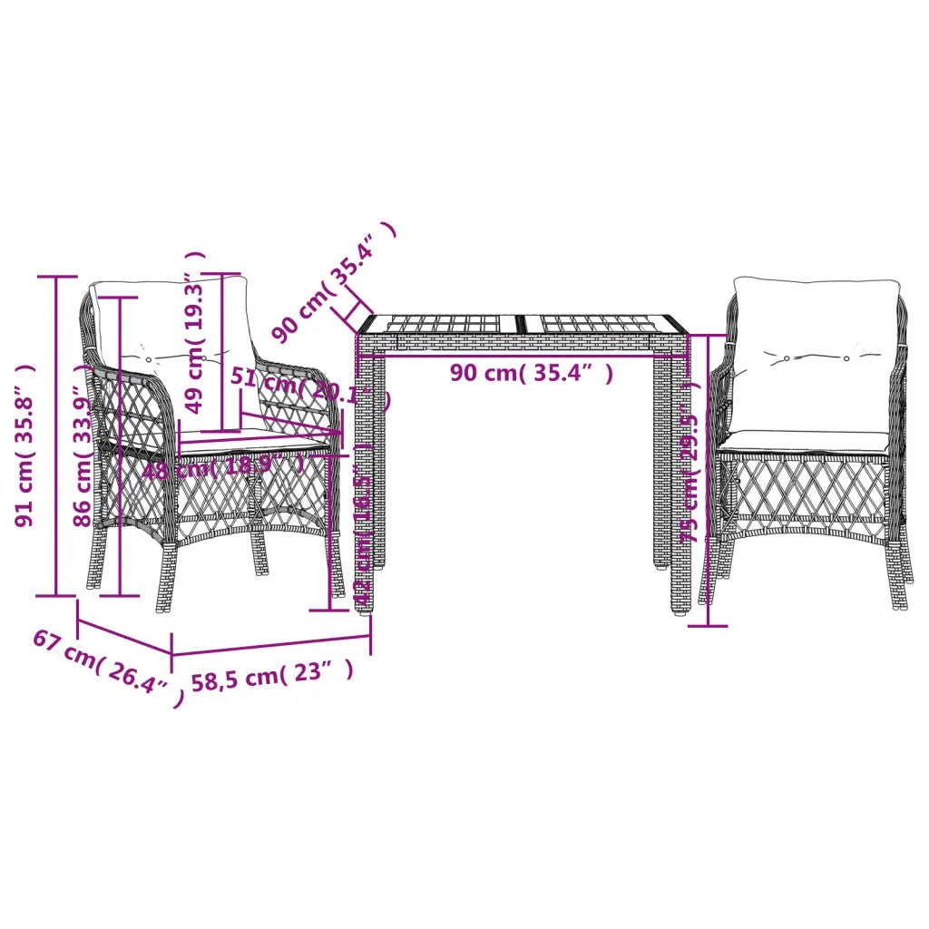 Set da Bistrò 3 pz con Cuscini Nero in Polyrattan 3212036