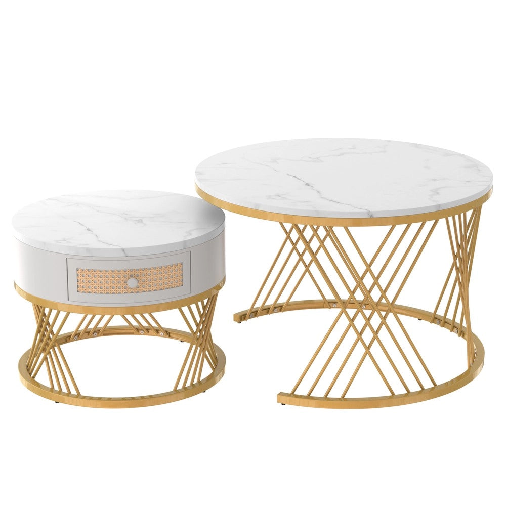 Set 2 Tavolini da Caff¨¨ Rotondi ¨C MINIMAL ¨C MDF, Piano Marmo, Cassetti Rattan, Gambe Metallo Oro 70x70x45 + 50x50x38