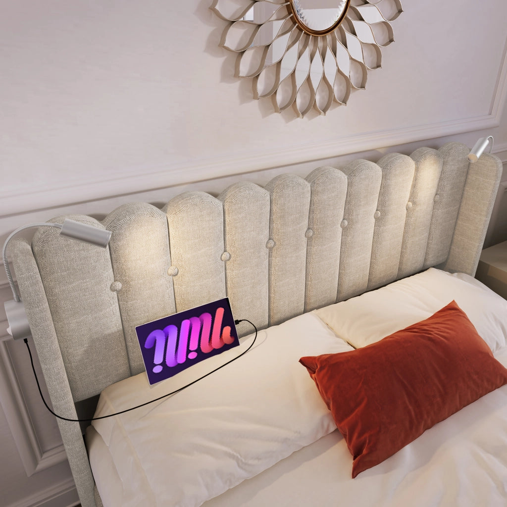 Letto Contenitore Letto Matrimoniale; USB; Luce da Lettura e Vano 140×200 cm; senza Materasso; Lino; Naturale