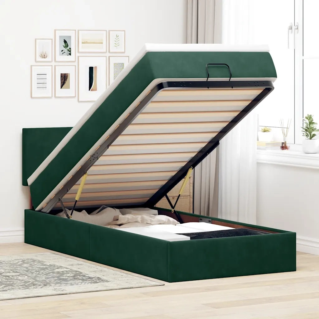 Pouf Letto con Materasso e LED Verde Scuro 90x200cm in Velluto