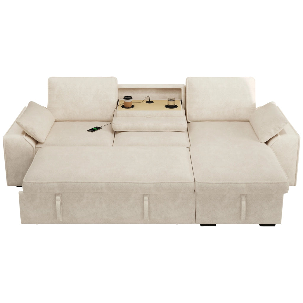 Divano angolare 3 posti - con funzione letto e contenitore - per soggiorno - in chenille beige