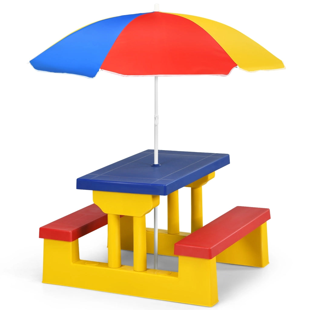 Tavolo da picnic per bambini con parasole pieghevole Set di tavolo e panche per giardino 67x41x47cm Colorato