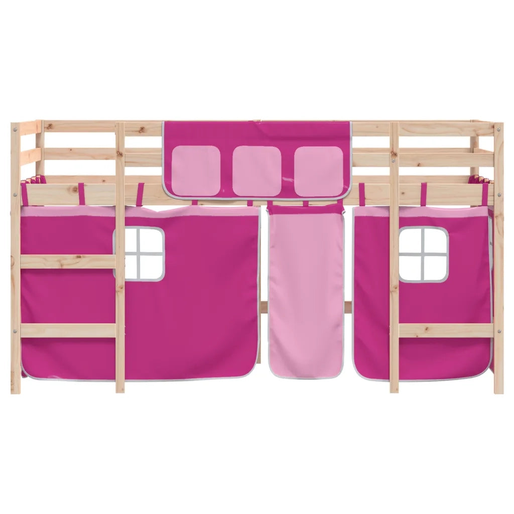 Letto a Soppalco con Tende Bambini | Letto Infantile | Lettino Rosa 90x190 cm Massello Pino