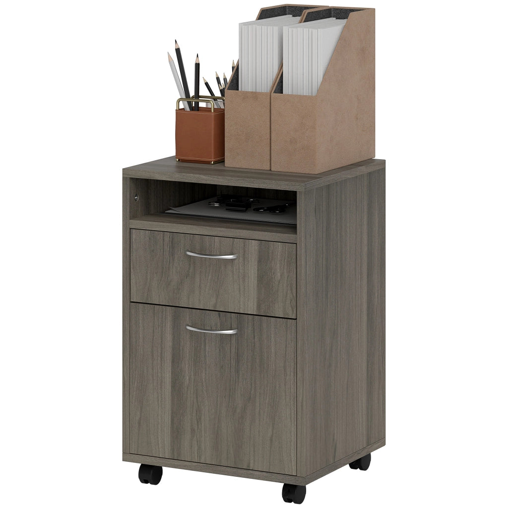 Cassettiera Portadocumenti a 4 Ruote con Ripiano Aperto e Cassetti, in Legno e Metallo, 40x35x60 cm, Grigio