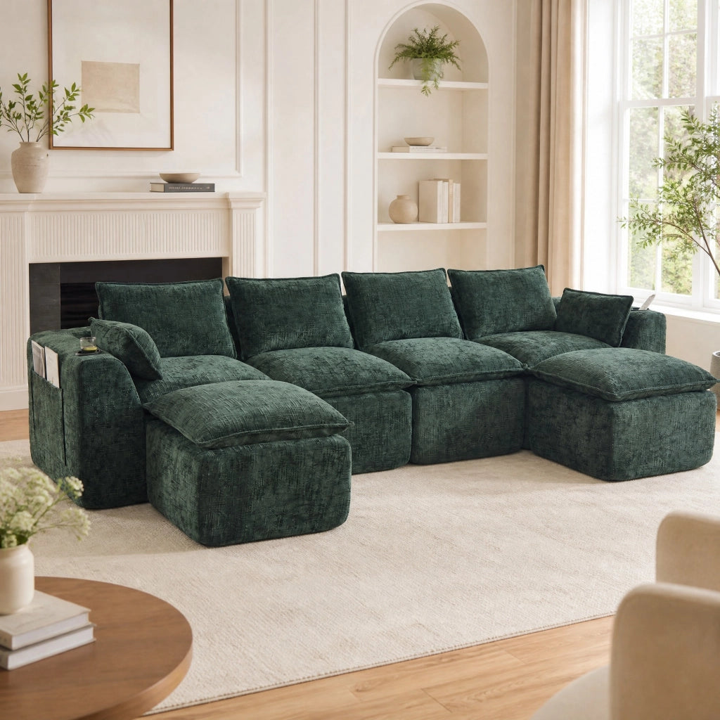 Divano modulare 4 posti con tasche laterali e cuscini in chenille verde per soggiorno e sala d'attesa 322 × 161 × 75 cm