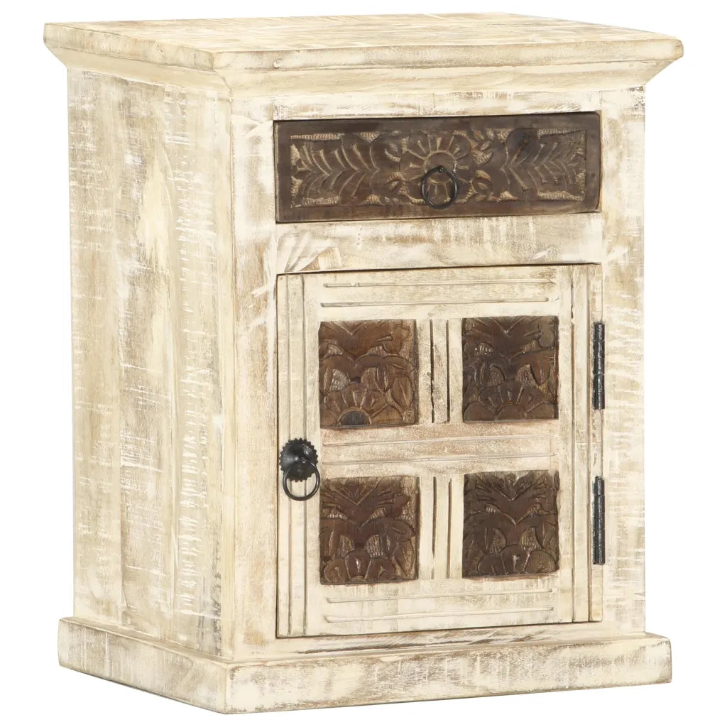 Comodino | Armadio da Notte | Mobiletto da notte Bianco 40x30x50 cm in Legno Massello di Mango
