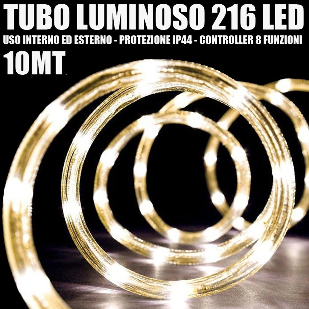 Trade Shop - Tubo Luminoso 216 Led Bianco Caldo 10 Mt 3vie Uso Interno/esterno + Controller -