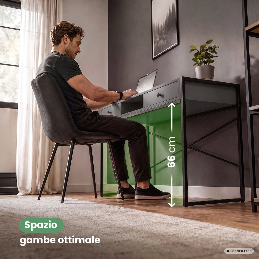 Scrivania industriale per computer Grafite ELONIS 123 cm 2 cassetti 1 ripiano gambe nere