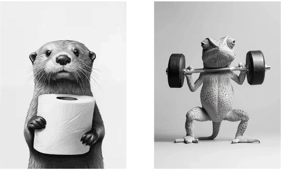 Decorazione per bagno YOUZMY, coppia di poster umoristici con otre e tartaruga fitness, poster in bianco e nero, 30 x 40 cm (senza cornice)