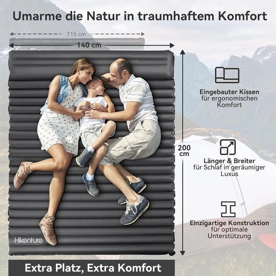 Matrassopblaasbaar per aria per 2 persone con cuscino - 10 cm di spessore - 140 x 200 cm - autoinflante - matrassocamping con pompa per piedi - grigio