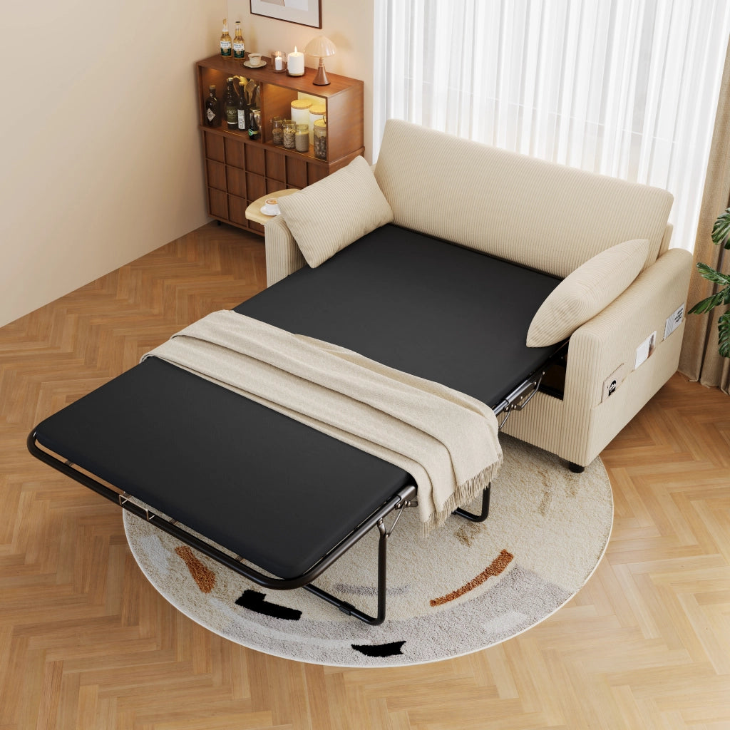 Divano letto convertibile a 2 posti in tessuto a coste con tavolino pieghevole, porte USB e tasca laterale beige