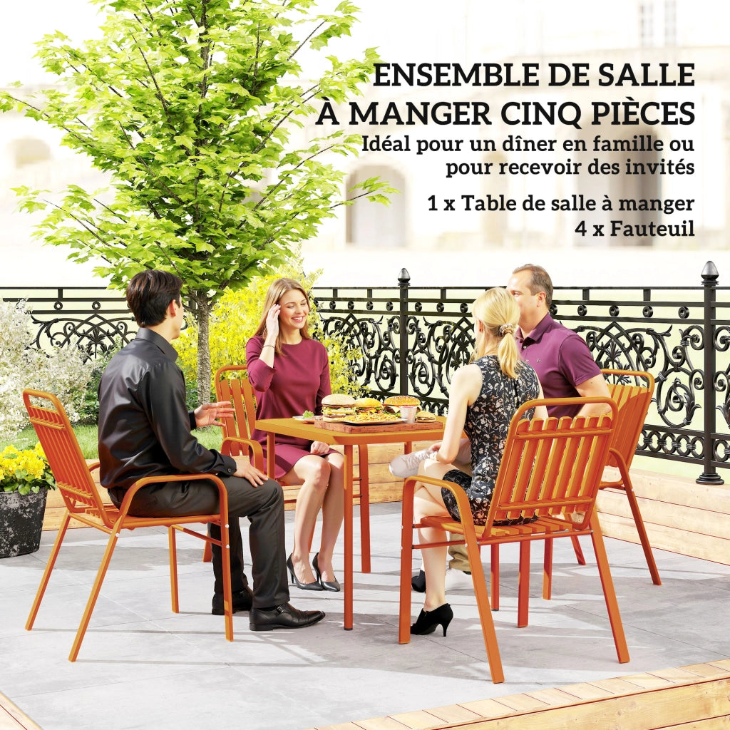 Tavolo da giardino con 4 sedie impilabili ¨C zephmum ¨C piano a doghe 80 cm, struttura in acciaio, arancione