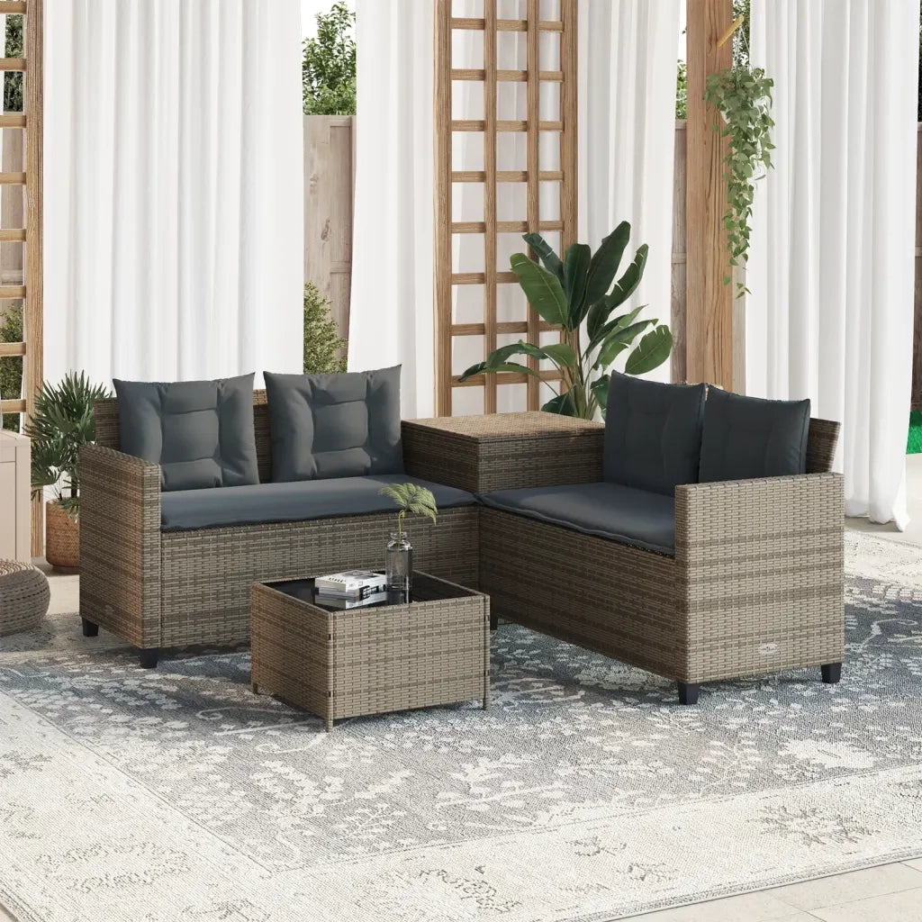 Divano da Giardino con Tavolo e Cuscini a L-Sofa da Giardino-Divano da esterno Grigio Polyrattan 348455