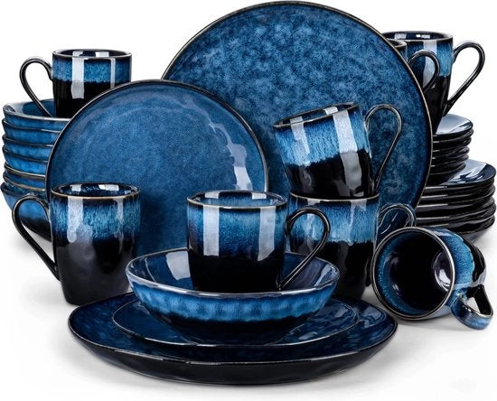 Set da tavola per 8 persone con piatti in vetro azzurro brillante - Incluso piatti da dessert, piatti da colazione e bicchieri - Azzurro