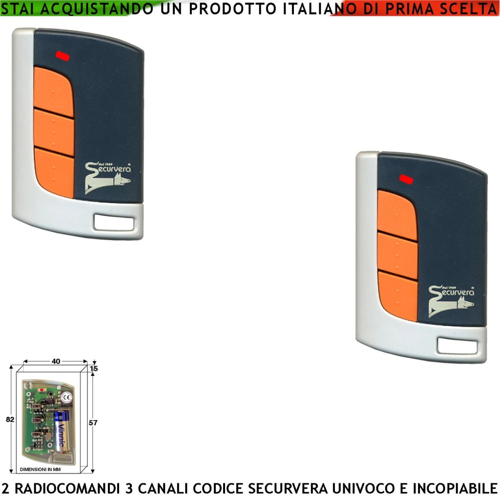 Comando Radio 2 Pezzi Frequenza 433,92 MHz Potenza 1 mW Portata Aria Libera 60/100 MT 3 Canali Codice Sicurezza Securvera Rolling Code 66 Bit Batteria 12V 23A Contenitore ABS Tasti Numerati da Pallini