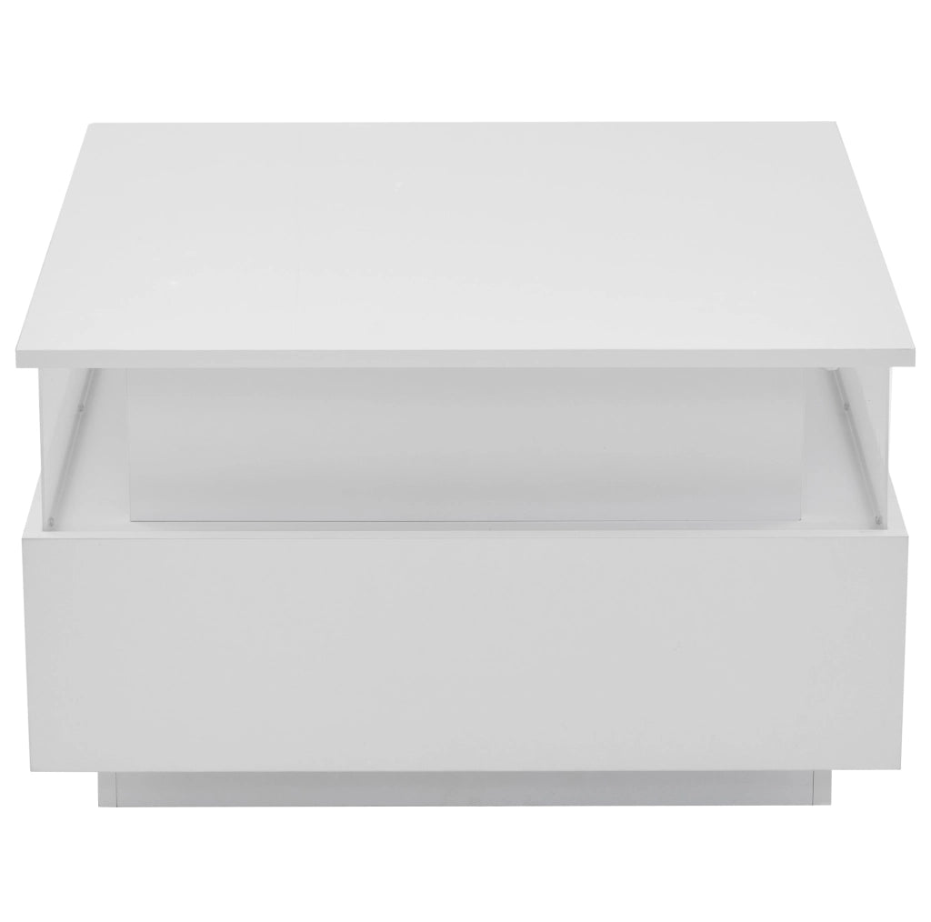 Tavolino da caffè bianco lucido con LED, 2 cassetti e vano trasparente 70×70×41 cm