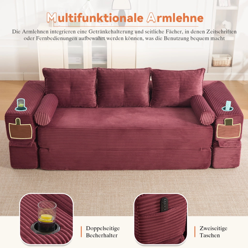 Divano convertibile con tasche laterali, portabicchieri e cuscini memory in corduroy rosso vino 232 × 98 × 80 cm
