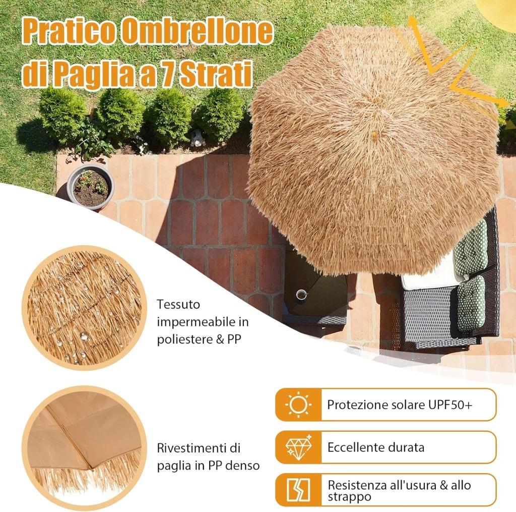 Ombrellone da Spiaggia 205 cm, Ombrellone di Paglia con 8 Stecche, Parasole Hawaiano in Paglia PP a 7 Livelli, per Spiaggia Giardino Piscina